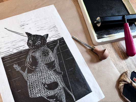 Cat Archer - Handmade linocut print | i aim perfectly ^･ω･^ﾉ}->☆