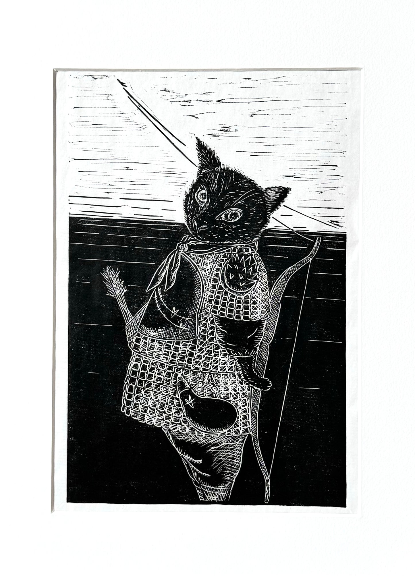 Cat Archer - Handmade linocut print | i aim perfectly ^･ω･^ﾉ}->☆