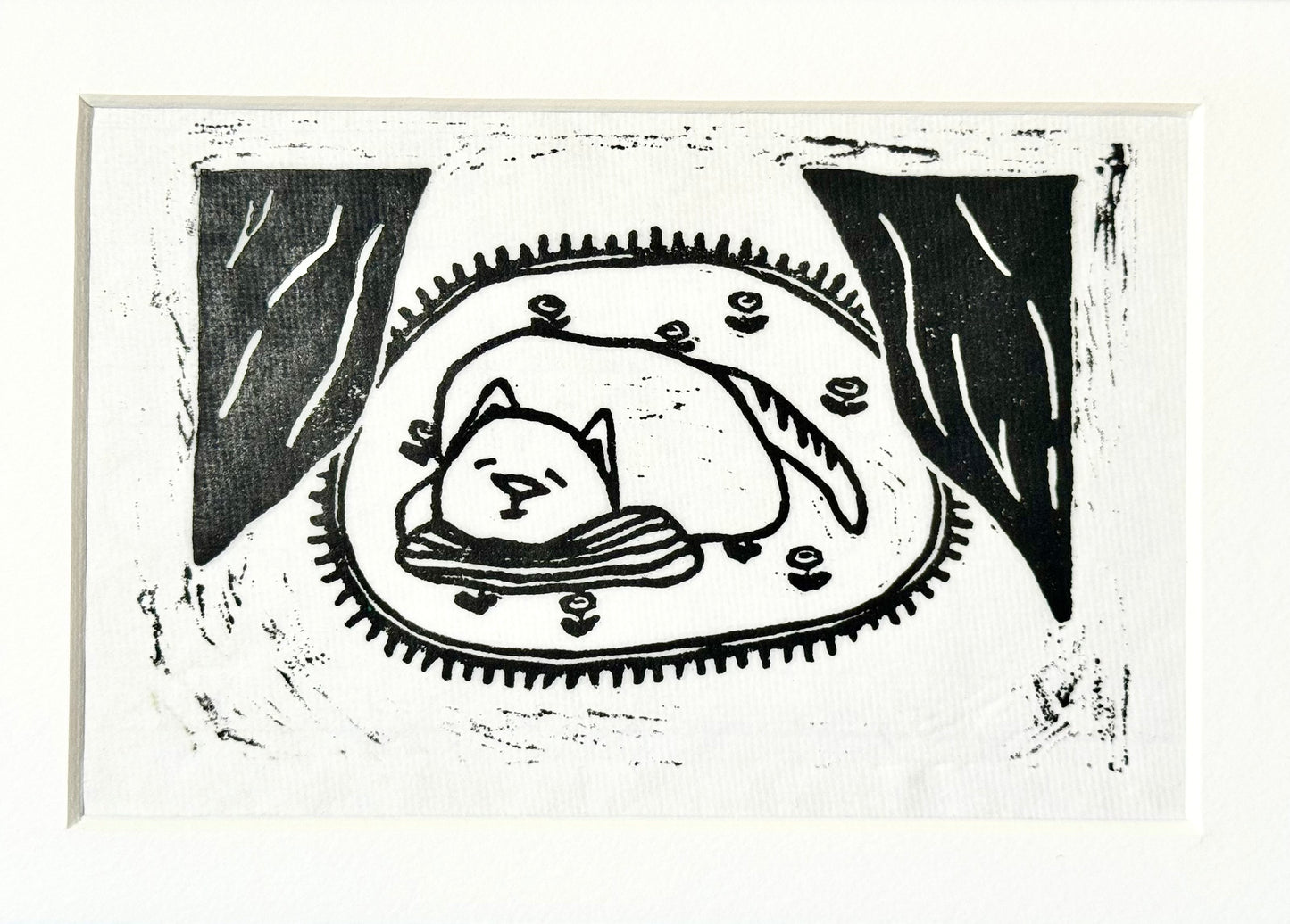 Dozing Cat - Handmade linocut print | Wish you a good rest