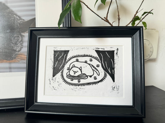 Dozing Cat - Handmade linocut print | Wish you a good rest