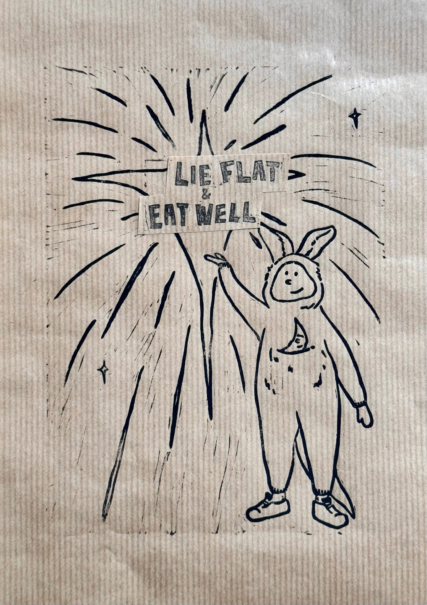 zozo the Kangaroo - Handmade linocut print | with motto 'Lie Flat & Eat Well' or DIY